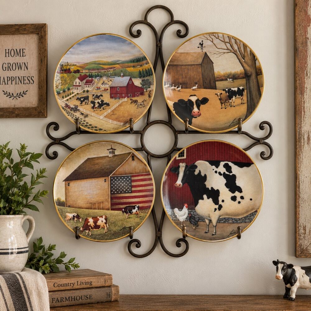 American Folk Franklin Mint Art Cow Farm Limited Edition Porcelain Plates Set 4
